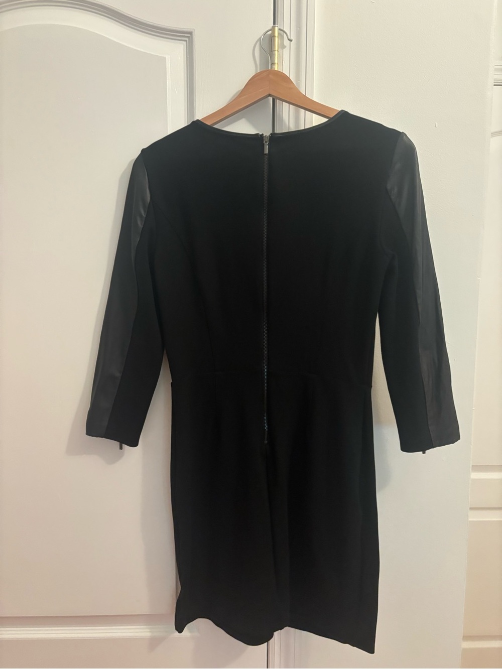Theory Black Dress with Leather Sleeves and Textured Floral Panel - Picture 3 of 3